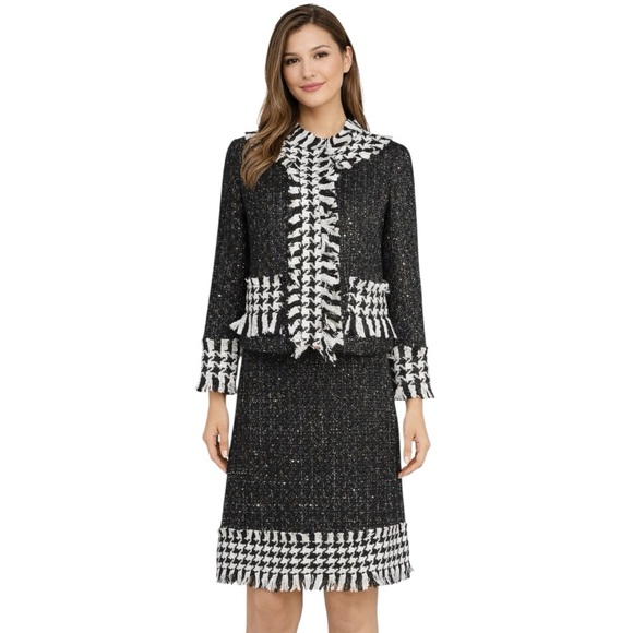 M Signature Label Collection Dresses & Skirts - Houndstooth Fringe Skirt Jacket Set The Cathalyn